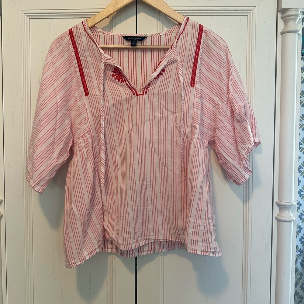 Banana Republic Pink Striped Embroidered Peasant Blouse Small up to M